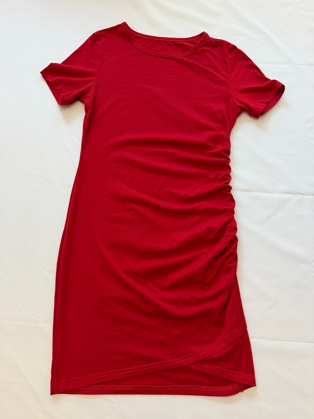 SHEIN Red Short Sleeve Ruched Midi Dress